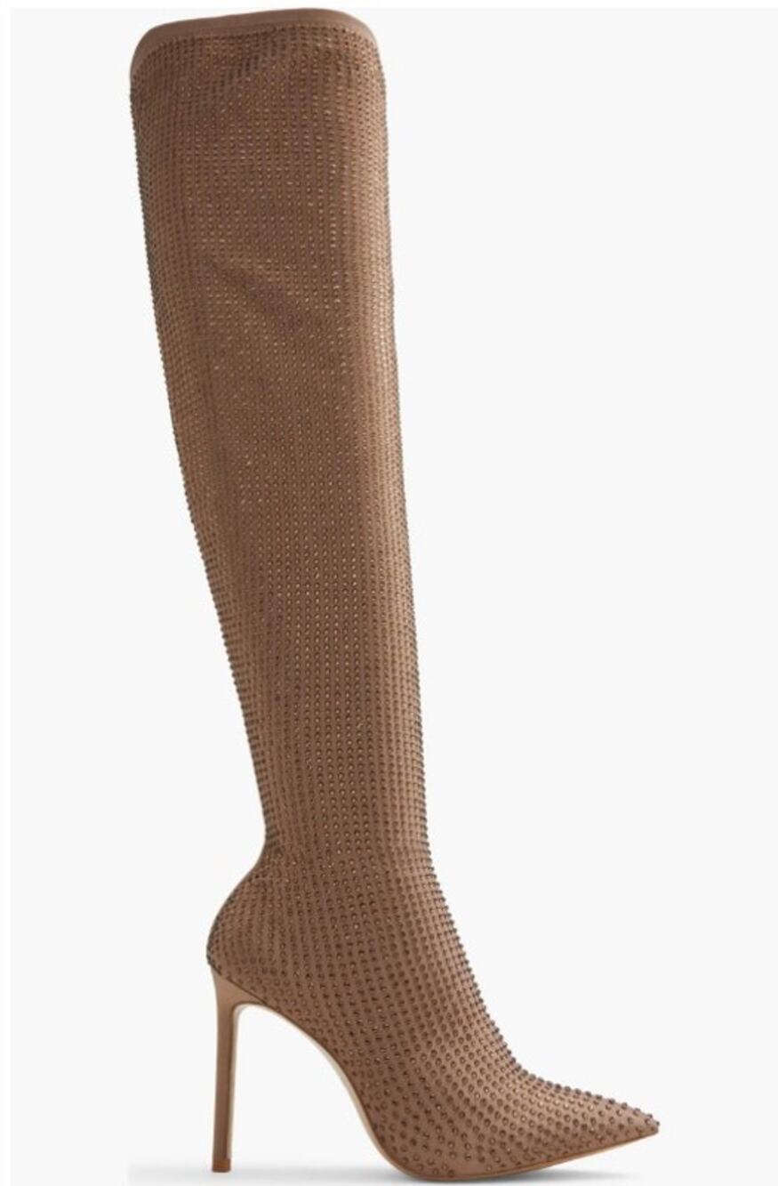 ALDO Nassia light tan embellished rhinestone glamorous thigh high stiletto boots